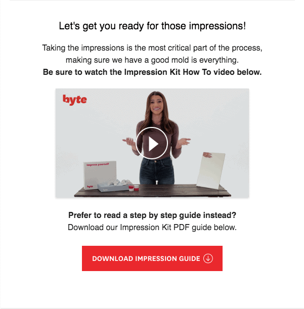 Shipping confirmation email for Byte impression kit