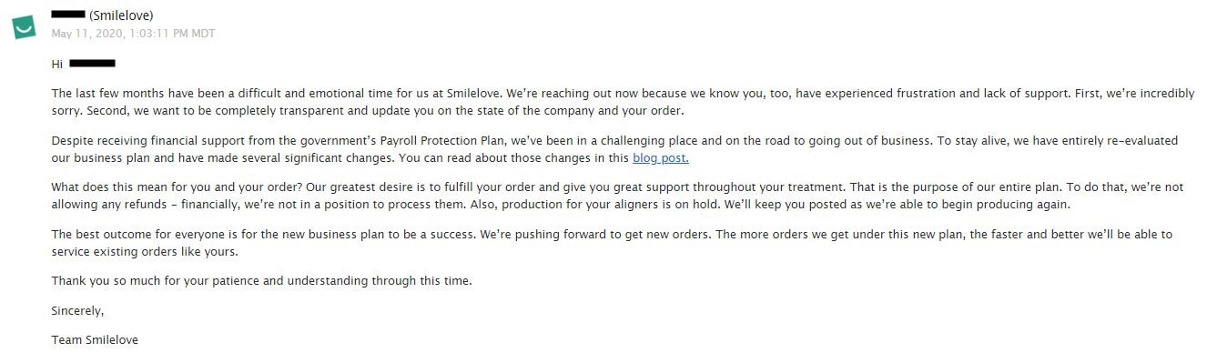 Smilelove email to customers regarding refunds