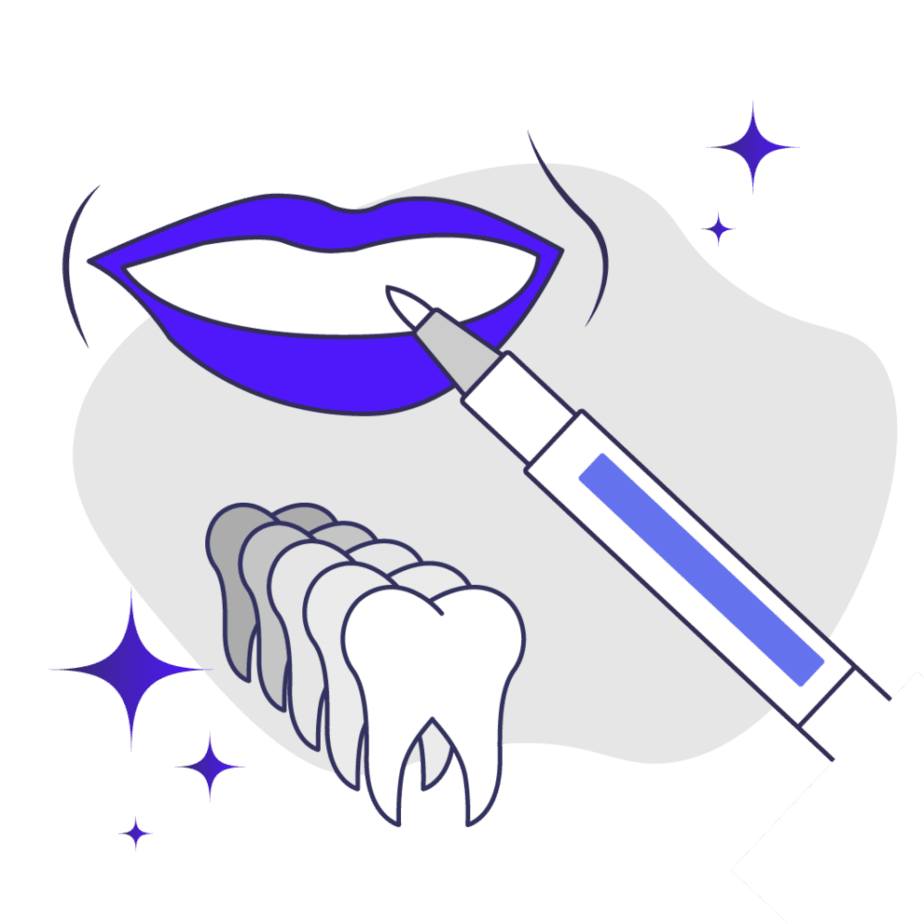 Smile applying teeth whitening gel and different shades of white teeth